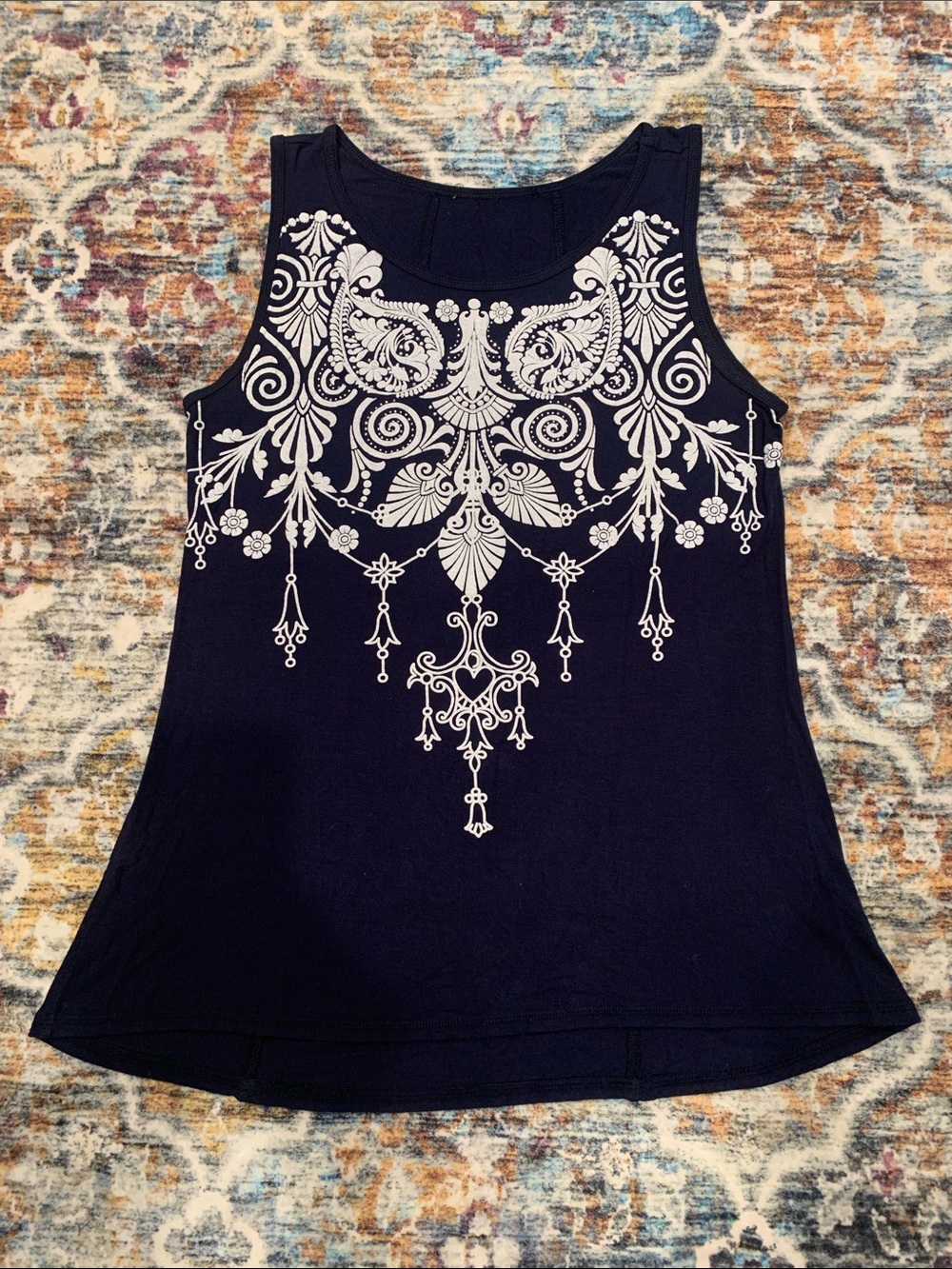 Navy Sleeveless Tank Top with White Ornate Front Motif